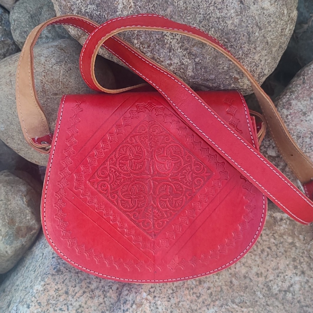 RED real LEATHER Crossbody Purse Shoulder Bag - Picture 5 of 16